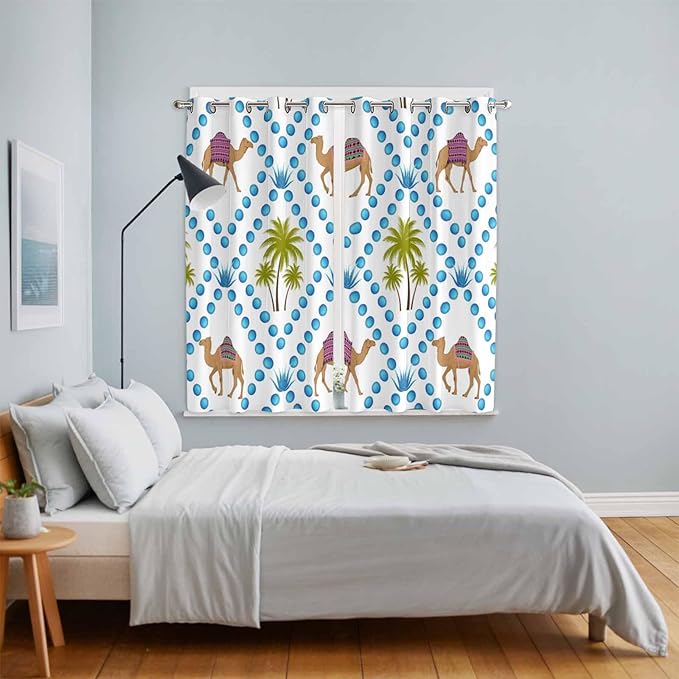 2 Panel Kitchen Cafe Curtains, Camels Palm Trees Sunlight Filtering Nature Air Through, Home Decor Window Covering Tier Curtains for Living Room 104W x 84L inch Tropical Desert Animal Plants Polka Dot