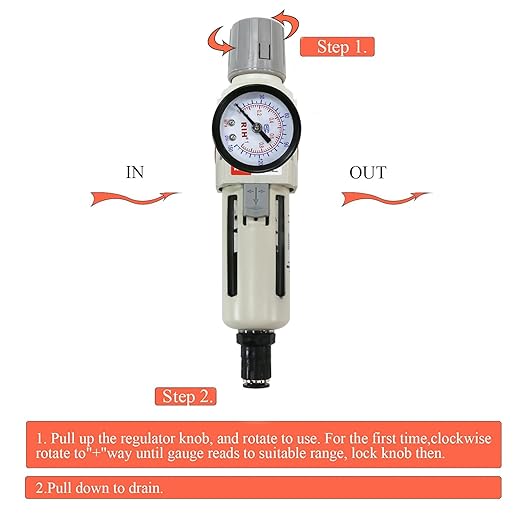 RIH 3/8"NPT Auto Drain Air Filter Pressure Regulator Combo Piggyback, 5 Micron Brass Element, Poly Bowl, Metal Bracket, 0-150 psi Gauge Air Tool Compressor Filter with Gauge (3/8"NPT Auto Drain)