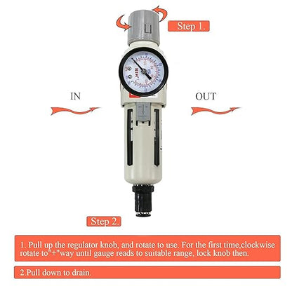 RIH 3/8"NPT Auto Drain Air Filter Pressure Regulator Combo Piggyback, 5 Micron Brass Element, Poly Bowl, Metal Bracket, 0-150 psi Gauge Air Tool Compressor Filter with Gauge (3/8"NPT Auto Drain)