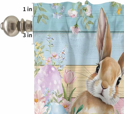 Kitchen Curtains Tiers and Valance Set of 3, Easter Light Filtering Window Curtain Set, Spring Rabbit Eggs Floral Colorful Wooden Grain Rod Pocket Curtain Drapes for Cafe, Living Room, 24 Inches Tiers