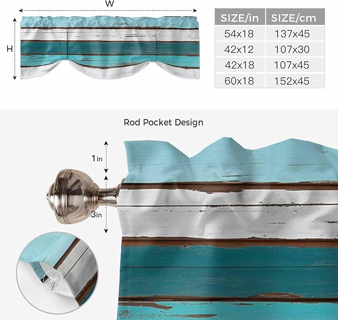 Turquoise Teal Tie Up Valance Curtains for Windows, Kitchen Curtains Window Shades, Farmhouse Retro Ombre Wooden Grain Light Filtering Roman Curtain Valances for Bedroom/Bathroom/Cafe 42"x18"