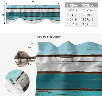 Turquoise Teal Tie Up Valance Curtains for Windows, Kitchen Curtains Window Shades, Farmhouse Retro Ombre Wooden Grain Light Filtering Roman Curtain Valances for Bedroom/Bathroom/Cafe 54"x18"