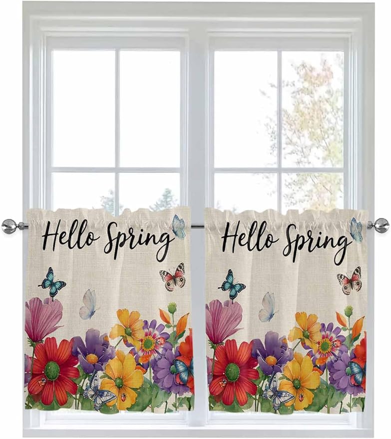 Spring Flowers Half Window Curtains 24 Inches Long, Farmhouse Vintage Country Colorful Floral Window Treatment Curtain Drapes, Short Curtains Tiers for Kitchen Over Sink, 27.5"x24", 2 Panels