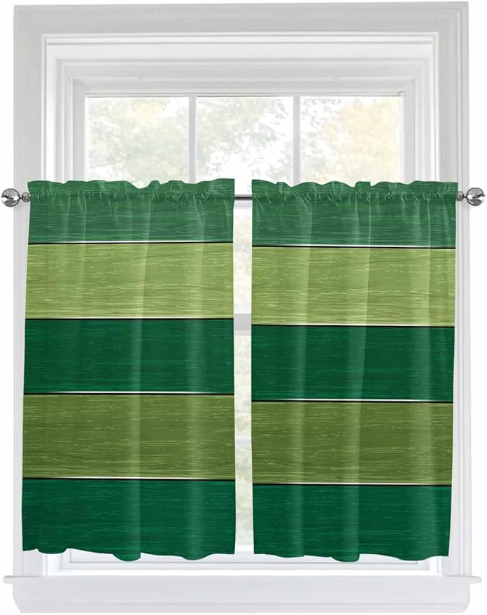 Farm Retro Green Wood Grain Window Valance Curtains, Rustic Wooden Plank Texture Light Filtering Kitchen Valance with 3-inch Rod Pocket for Living Room Bathroom Bedroom,2 Panel,27.5x45In