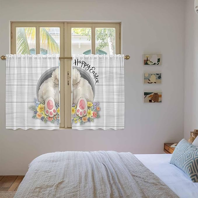 Easter Bunny Kitchen Curtains 54 Inch Long 2 Panel Set,Rod Pocket Window Curtains Panels,3D Optical Illusion Farmhouse Flower Wood Grain Light Filtering Privacy Draperies for Bedroom 42"W x 54"L