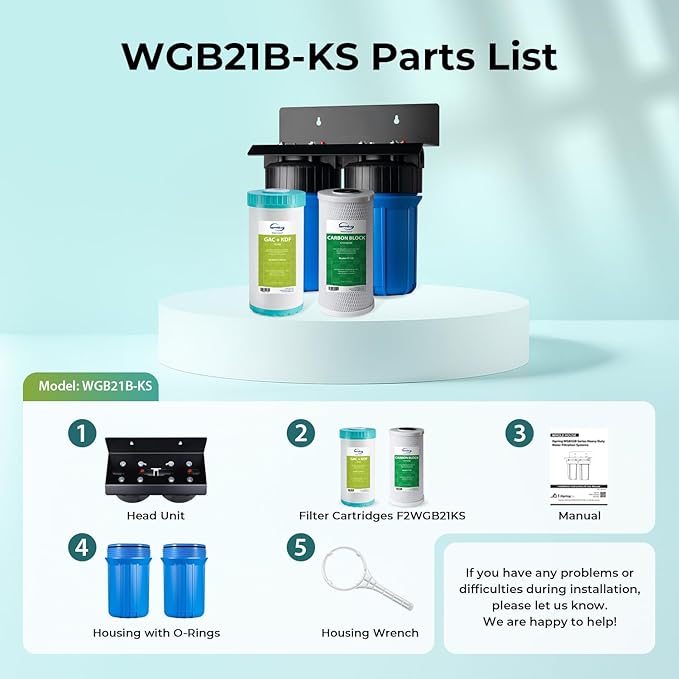 iSpring WGB21B-KS 2-Stage Whole House Water Filtration System with 10" x 4.5" Sediment CTO(Chlorine, Taste and Odor) Filter,KDF+GAC filter, Removes Chlorine, Iron, Lead, Odor and More, 1" Inlet/Outlet