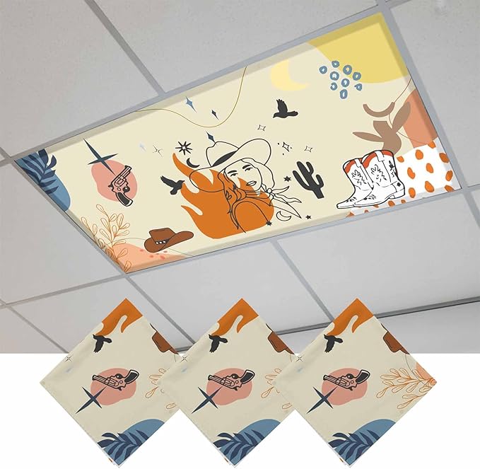 Fluorescent Light Covers for Ceiling Lights Boho Abstract Geometric Magnetic Light Filters 3 Pack 4x2 ft Cactus Cowboy Hat Ceiling Lights Cover for Classroom Office School Home Drop Lamp Decor