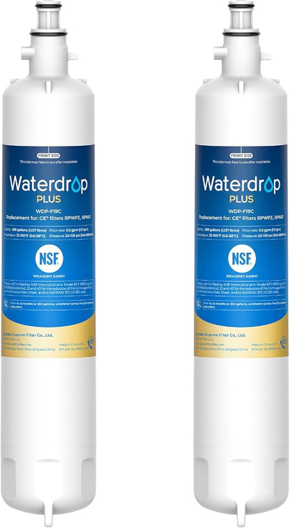 Waterdrop Plus WDP-F19C Replacement for GE® RPWFE®, RPWF (with CHIP) NSF 401 Refrigerator Water Filter, Compatible with WSG-4, GFE28GBLTS, GFE28GSKSS, PFE28KMKES, 2 Filters（Package May Vary）