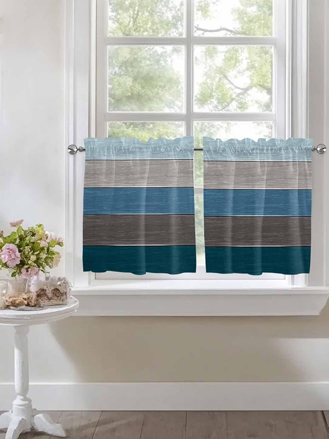 Retro Farm Blue Gray Wood Grain Window Valance Curtains, Rustic Wooden Plank Light Filtering Kitchen Valance with 3-inch Rod Pocket for Living Room Bathroom Bedroom,2 Panel,27.5x24In