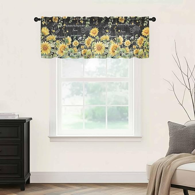 Summer Floral Sheer Valance Curtains, Watercolor Sunflower Eucalyptus Leaves Letter Print Light Filtering Kitchen Valances Rod Pocket Voile Curtain Treatment for Bedroom/Living Room/Basement 42Wx12L