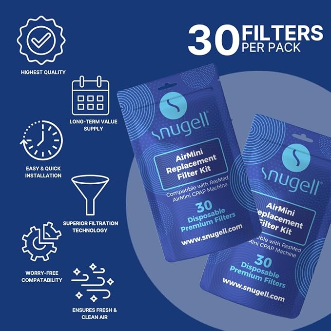 Snugell AirMini CPAP Filter – Compatible with ResMed AirMini Machines – Perfect for Travel and Home use – Easy to Install, enhances air Filtration, and ensures Cleaner air. (30 Count (Pack of 1))