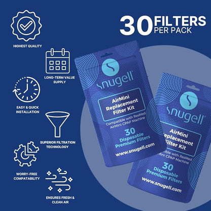 Snugell AirMini CPAP Filter – Compatible with ResMed AirMini Machines – Perfect for Travel and Home use – Easy to Install, enhances air Filtration, and ensures Cleaner air. (30 Count (Pack of 1))