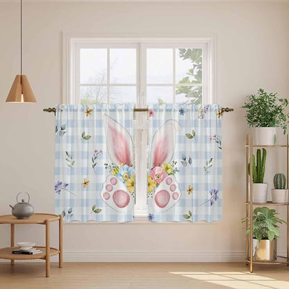 Easter Kitchen Curtains 45 Inch Long 2 Panel Set, Rod Pocket Window Treatment, Spring Rabbits Ears Feet Floral Blue Lattice Light Filtering Short Curtains & Drapes for Bathroom Laundry 52"W x 45"L