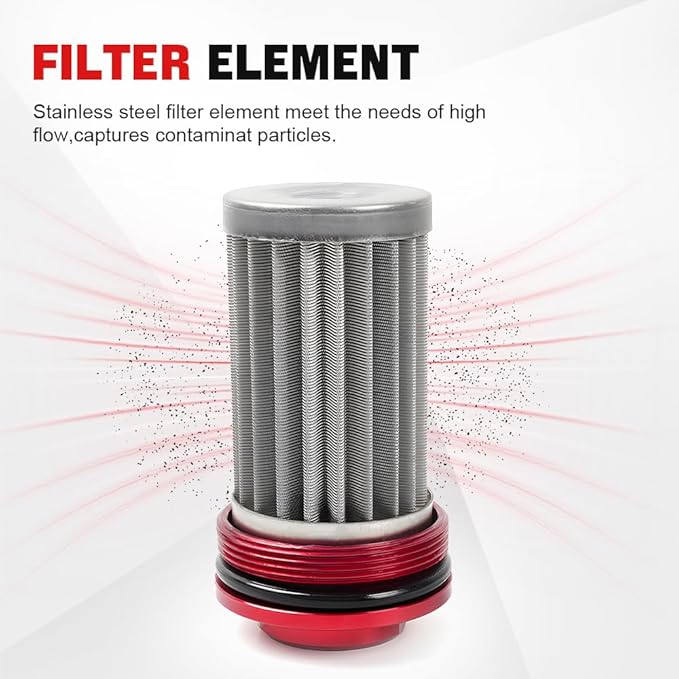 BARTOO Universal 50MM 100 Micron Inline Fuel Filter with 6AN 8AN 10AN Adapter For Filtering Gasoline, Diesel, E85-Red
