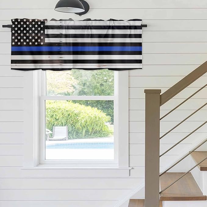 American Flag Valances for Windows, Blue Line Star Black White Stripes Wood Grain Kitchen Valance Light Filtering Rod Pocket Short Curtains for Kitchen Bathroom, 1 Panel, 60"x14"