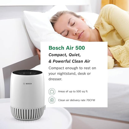 BOSCH Air Purifier for Home, Small Spaces (Covers, 500-sq ft), 2-in-1 Filter for Pollen, Smoke, Dust, Dander, Outdoor Pollution, Odors, HEPA, Air 500, White