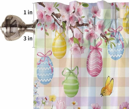 Happy Easter Kitchen Curtains 54 Inches Length, Spring Bunny Colorful Eggs Flower Plaid Window Treatment Curtain Drapes, Thermal Insulated Drapes for Basement Hotel RV, 42"x54", 2 Panels