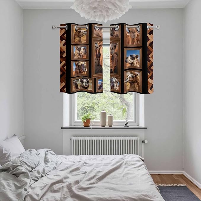 2 Panel Kitchen Cafe Curtains, Desert Camels Sunlight Filtering Nature Air Through, Home Decor Window Covering Tier Curtains for Living Room 55W x 39L inch Brown Wildlife Farmhouse Animals Rustic