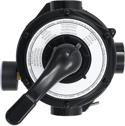 vidaXL 4-way Multiport Valve for Pool Sand Filter - 1.5” Fitting Connectors, ABS Material, With Pressure Gauge - Top-mount - Easy-to-use Lever-action Handle - Black
