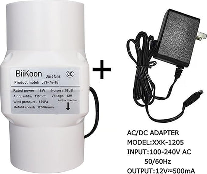 Inline Duct Fan 3 Inch 12V HVAC Exhaust Intake Fans Plastic Low Noise Basement Ventilation Blower for Vents Grow Tents Hydroponic (Color : NO Adjustable Speed, Size : 18w)