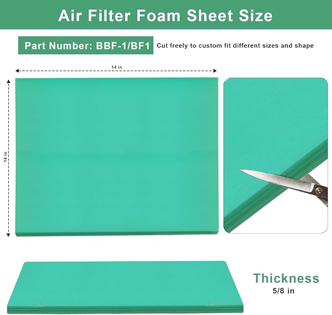 Foam Air Filter Material Replacement for Uni BF-1 BF1 Filter, 14" X 17" X 5/8" Green Fine Air Filters Foam Sheet 65-PPI for Motorcycle ATV Dirt Bike Most Small Engines - Universal and Cuttable