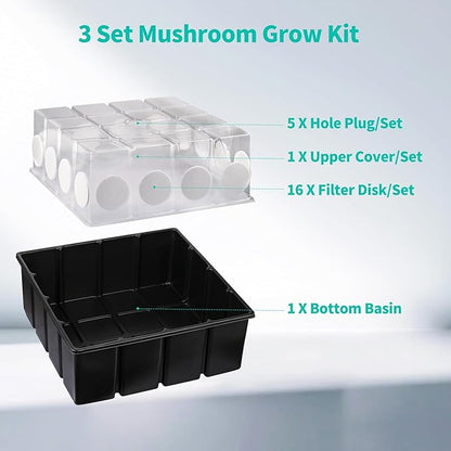 3 Set Mushroom Grow Kit Monotub with Filter Disks 43.5 Quart Vegetable Planting Tray Mini Greenhouse Germination Box for Seeds Growing Starting