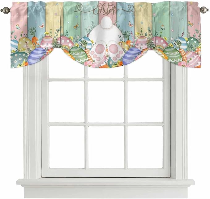 Easter Tie Up Valance Curtains for Windows, Kitchen Curtains Window Shades, Spring Rabbit Ears Foot Eggs Floral Wooden Grain Light Filtering Roman Curtain Valances for Bedroom/Bathroom/Cafe 54"x18"