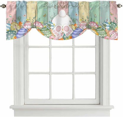 Easter Tie Up Valance Curtains for Windows, Kitchen Curtains Window Shades, Spring Rabbit Ears Foot Eggs Floral Wooden Grain Light Filtering Roman Curtain Valances for Bedroom/Bathroom/Cafe 42"x12"