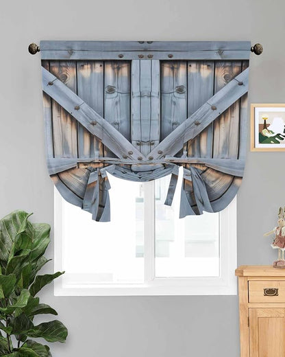 Tie Up Curtains for Windows, Farmhouse Wood Grain Adjustable Balloon Nature Linen Textured Kitchen Curtain, Vintage Country Barn Gate Textured Thermal Insulated Curtains for Window, 42" x 54"
