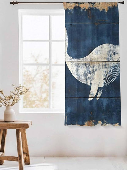 Sheer Curtains 72 Inches Long, Ocean Whale Blue Semi Sheer Curtains Light Filtering Window Treatment, Summer Sea Vintage Wooden Grain Privacy Voile Drapes for Living Room Bedroom 52x72 Inch