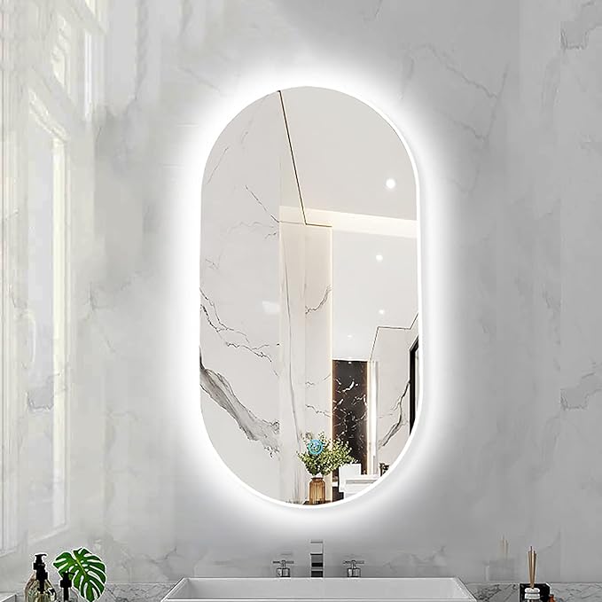 Oval LED Illuminated Bathroom Mirror, Wall-mounted Vanity Makeup Mirror with Demister Pad, 3 Dimmable Color Temperatures & Touch Control, Metal Frame Anti-Fog Lighted Wall Mirror ( Color : White Frame