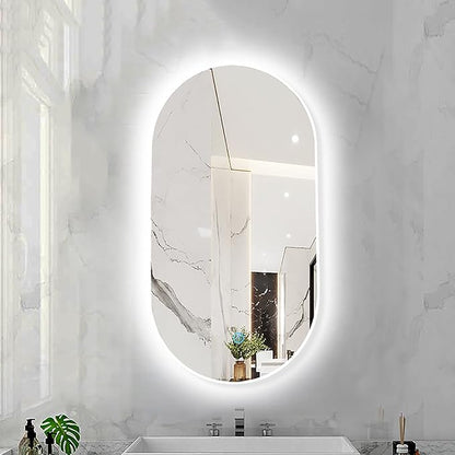 Oval LED Illuminated Bathroom Mirror, Wall-mounted Vanity Makeup Mirror with Demister Pad, 3 Dimmable Color Temperatures & Touch Control, Metal Frame Anti-Fog Lighted Wall Mirror ( Color : White Frame