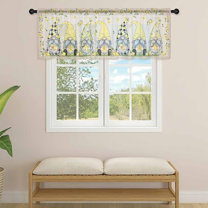Rustic Lemon Gnomes Sheer Valance Curtains, Summer Fruit Leaves Retro Linen Texture Light Filtering Kitchen Valances Rod Pocket Voile Curtain Window Treatment for Bedroom/Living Room/Basement 42Wx12L