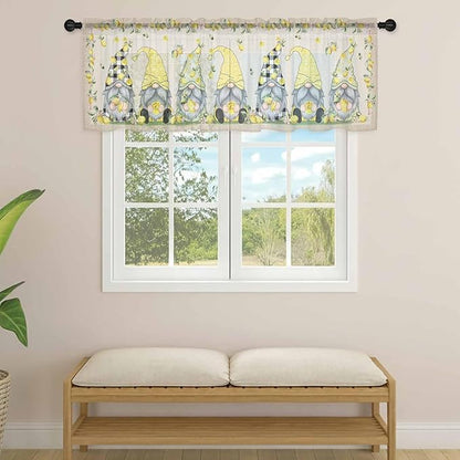 Rustic Lemon Gnomes Sheer Valance Curtains, Summer Fruit Leaves Retro Linen Texture Light Filtering Kitchen Valances Rod Pocket Voile Curtain Window Treatment for Bedroom/Living Room/Basement 42Wx12L