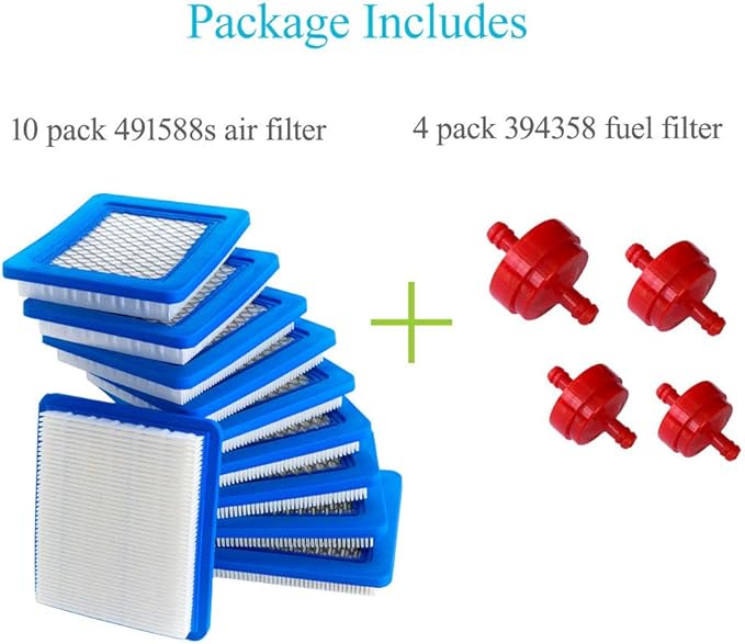 HOODELL 10 Pack 491588S Air Filter + 394358 Fuel Filter Compatible with 491588 4915885, Toro 20332, Craftsman 33644, Pro Performance for Push Lawn Mower