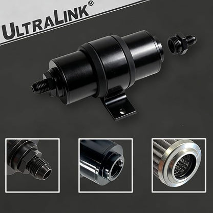 10 micron inline fuel filter with 6AN 8AN 10AN Adapter and Bracket Clip 50MM Black Universal