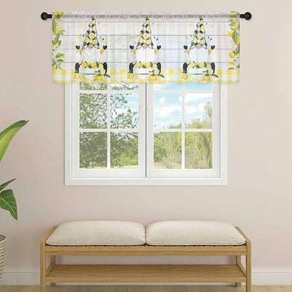 Lemon Dwarfs Sheer Valance Curtains, Gnome Green Leaf Wood Striped Black Plaid Light Filtering Kitchen Valances Rod Pocket Voile Curtain Window Treatment for Bedroom/Living Room/Basement 54Wx18L