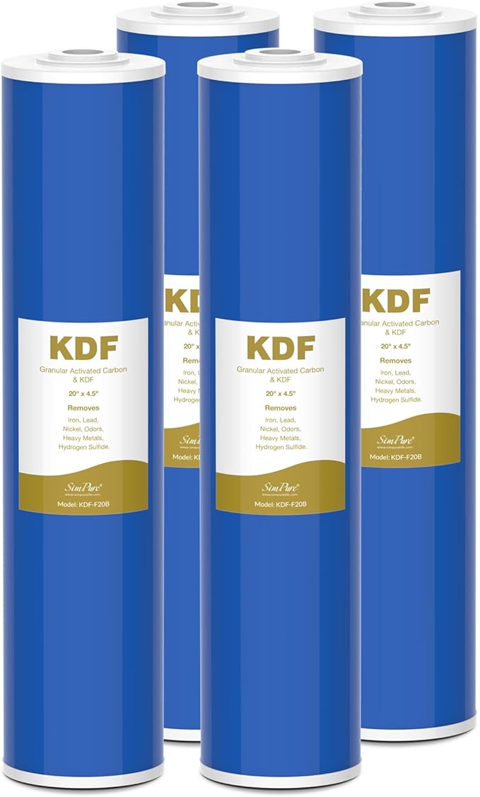 SimPure Whole House Water Filter Cartridges 20" x 4.5" GAC/KDF Carbon and Heavy Metal Filter, For DB20P, WHB20, FG25B-KS, WGB32B-KS, ‎FLTWH2045K, 4 Pack