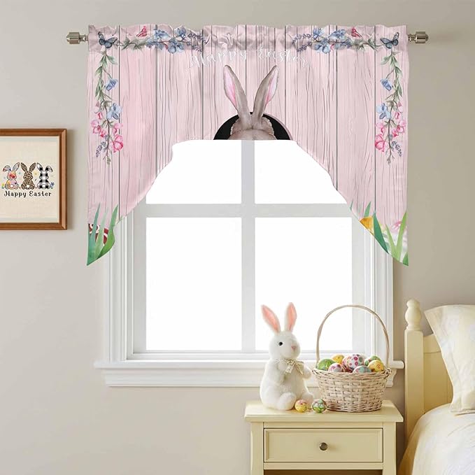 Swag Valance Curtains, Easter Cute Rabbit and Colorful Eggs Rod Pocket Valances Swag Topper for Kitchen Windows, Pink Farm Wooden Barn Light Filtering Short Curtain for Bedroom Bathroom 56x36In