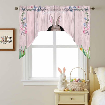 Swag Valance Curtains, Easter Cute Rabbit and Colorful Eggs Rod Pocket Valances Swag Topper for Kitchen Windows, Pink Farm Wooden Barn Light Filtering Short Curtain for Bedroom Bathroom 56x36In
