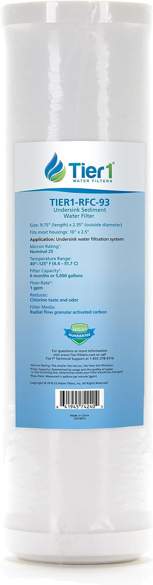 Tier1 25 Micron 10 Inch x 2.5 Inch | Whole House Radial Flow Granular Activated Carbon Block Water Filter Replacement Cartridge | Compatible with Pentek RFC-93, SDP-2510, Home Water Filter