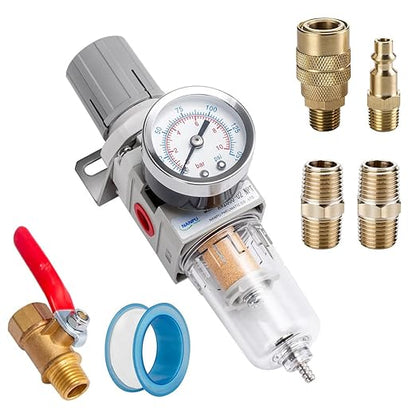 NANPU 1/4" NPT Compressed Air Filter Regulator Combo Piggyback, 5 Micron Brass Element, Poly Bowl, Semi-Auto Drain, Metal Bracket, 0-150 psi Gauge, Ball Valve