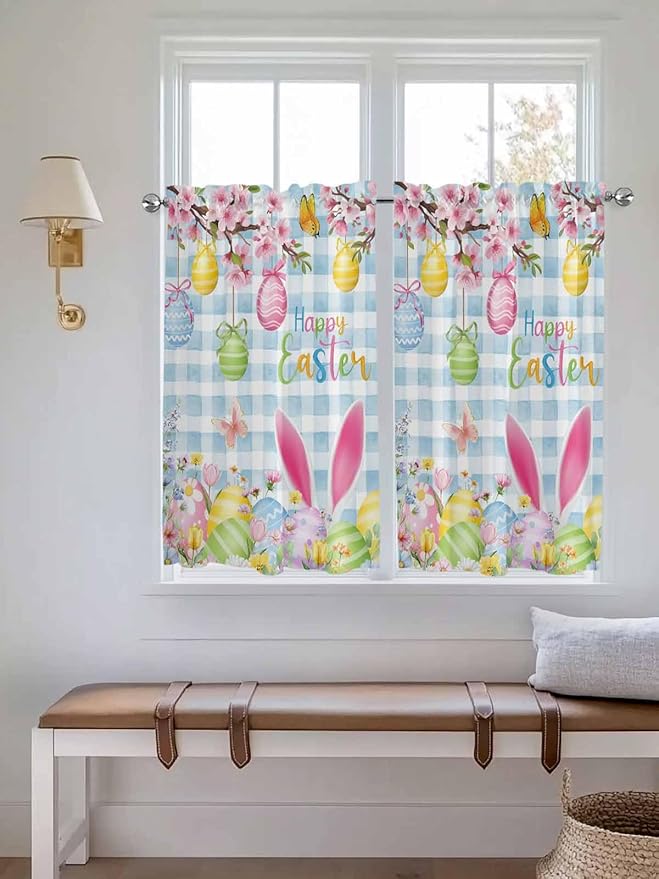 Happy Easter Kitchen Curtains 45 Inches length, Spring Watercolor Bunny Eggs Flower Blue Plaid Window Treatment Curtain Drapes, Lightweight Window Panels for Living Room Bedroom, 52"x45", 2 Panels