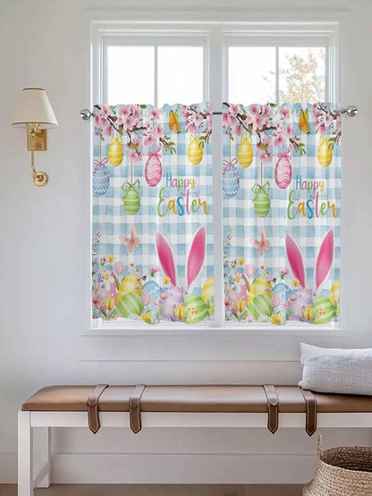 Happy Easter Kitchen Curtains 45 Inches length, Spring Watercolor Bunny Eggs Flower Blue Plaid Window Treatment Curtain Drapes, Lightweight Window Panels for Living Room Bedroom, 52"x45", 2 Panels