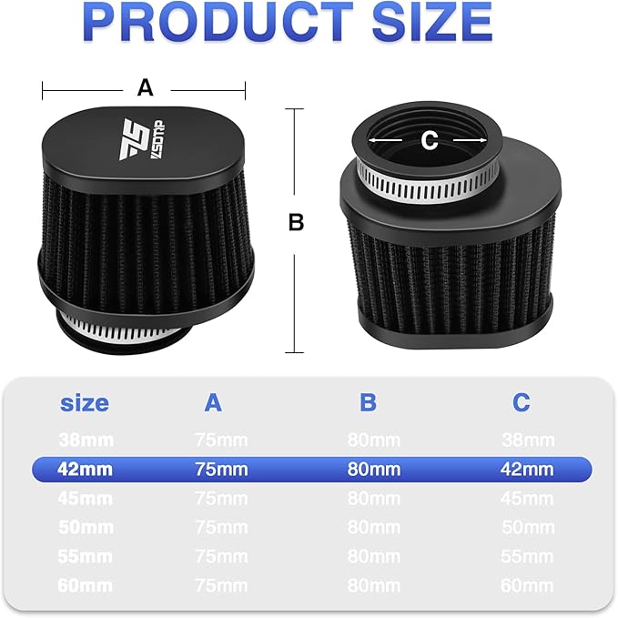 2PCS Motorcycle Air Filter Universal 42MM Replacement Engine Filter Dirt Bike High Performance Air Filters Fit Motocross Carburetor Cleaner for Pit Bike Scooter Moped ATV (Black)