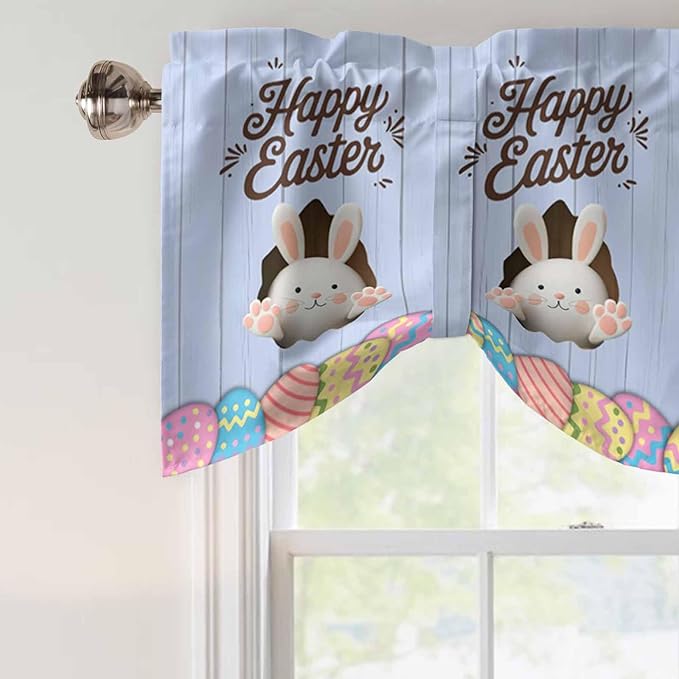 Blue Easter Tie Up Valance Curtains for Windows, Kitchen Curtains Window Shades, Spring Cartoon Bunny Colorful Eggs Wood Grain Light Filtering Roman Curtain Valances for Bedroom/Bathroom/Cafe 42"x12"