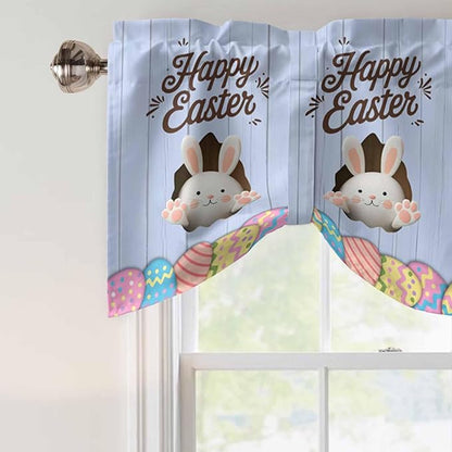 Blue Easter Tie Up Valance Curtains for Windows, Kitchen Curtains Window Shades, Spring Cartoon Bunny Colorful Eggs Wood Grain Light Filtering Roman Curtain Valances for Bedroom/Bathroom/Cafe 42"x12"