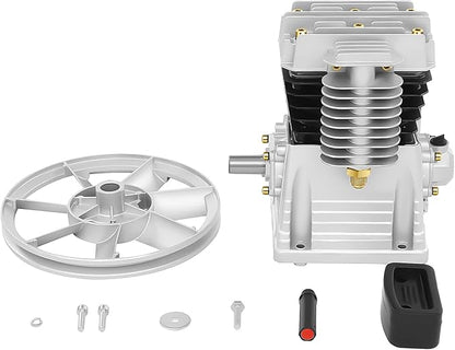 Air Compressor Pump Head, 2HP Air Compressor Pump-Head, 1500W Portable 52.83Gal/Min 10.24in Pulley Outer Diameter Aluminum Painting Twin Cylinder W/oil drain plug, Air Filter Muffler