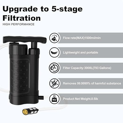 Portable Water Filter Pump, 0.01 Micron Manual Survival Water Purifier for Camping Hiking Backpacking Emergency, Fast Flow Removes Harmful Substances & Sediment (k8188 Black)