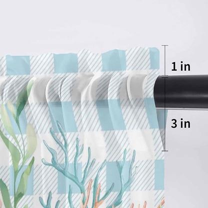 Summer Beach Sheer Valance Curtains, Ocean Colorful Coral Shell Seaweed Starfish Blue Plaid Light Filtering Kitchen Valances Rod Pocket Voile Curtain Treatment for Bedroom/Living Room/Basement 54Wx18L